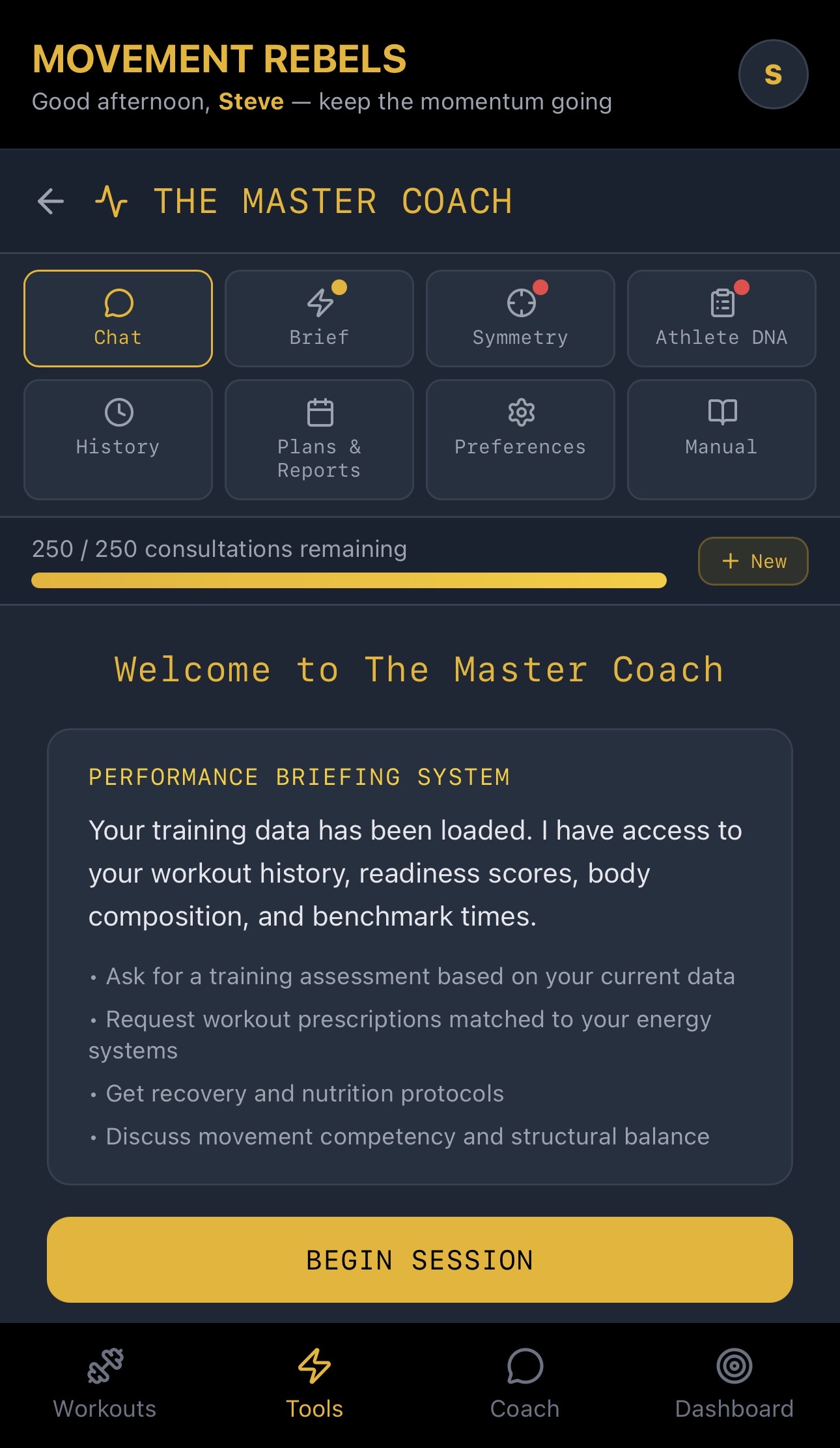 Movement Rebels app — AI coaching dashboard