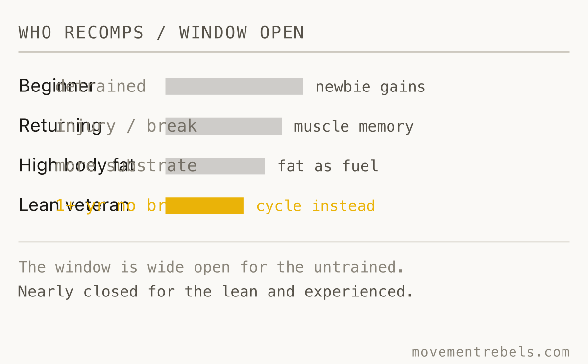 WHO RECOMPS / WINDOW OPEN. Three groups recomp reliably. Lean veterans should cycle instead.