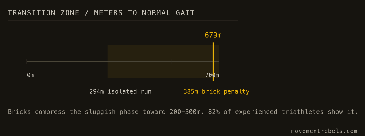 TRANSITION ZONE / METERS TO NORMAL GAIT. Off the bike your gait stays scrambled for 679m. Bricks shrink that, on purpose.