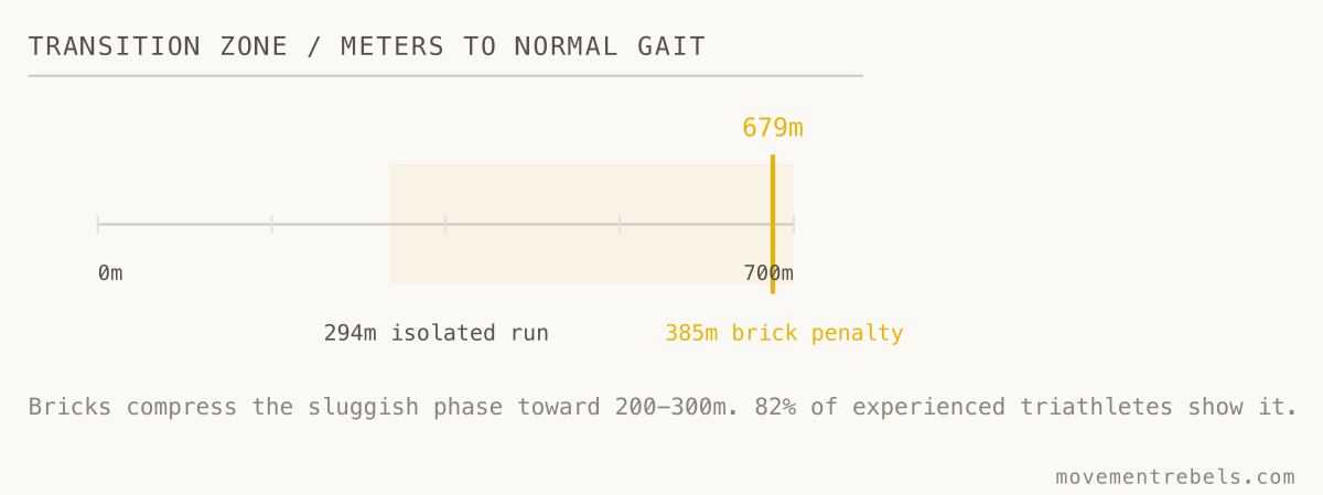TRANSITION ZONE / METERS TO NORMAL GAIT. Off the bike your gait stays scrambled for 679m. Bricks shrink that, on purpose.