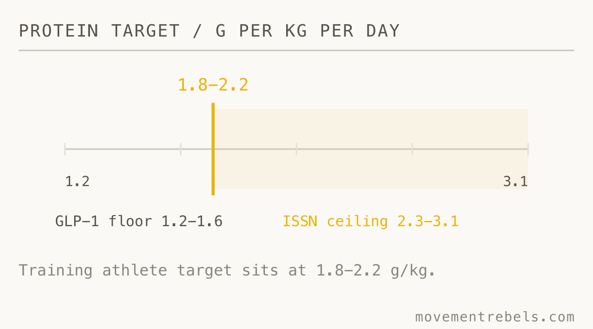 PROTEIN TARGET / G PER KG PER DAY. Aim 1.8 to 2.2 g/kg. The drug will not eat protein for you.