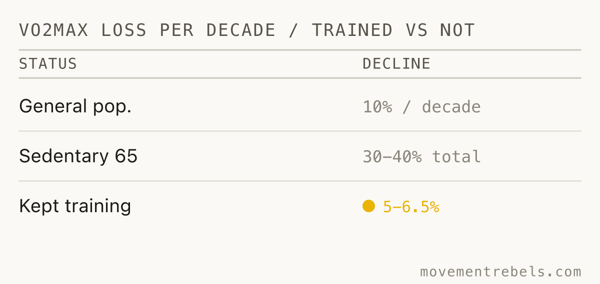 VO2MAX LOSS PER DECADE / TRAINED VS NOT. Keep training hard and you lose 5 to 6 percent a decade, not 30.