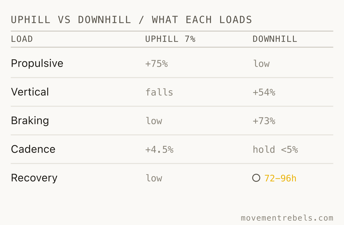 UPHILL VS DOWNHILL / WHAT EACH LOADS. Up builds force. Down does damage. Downhill needs 72-96 hours before the next hard day.