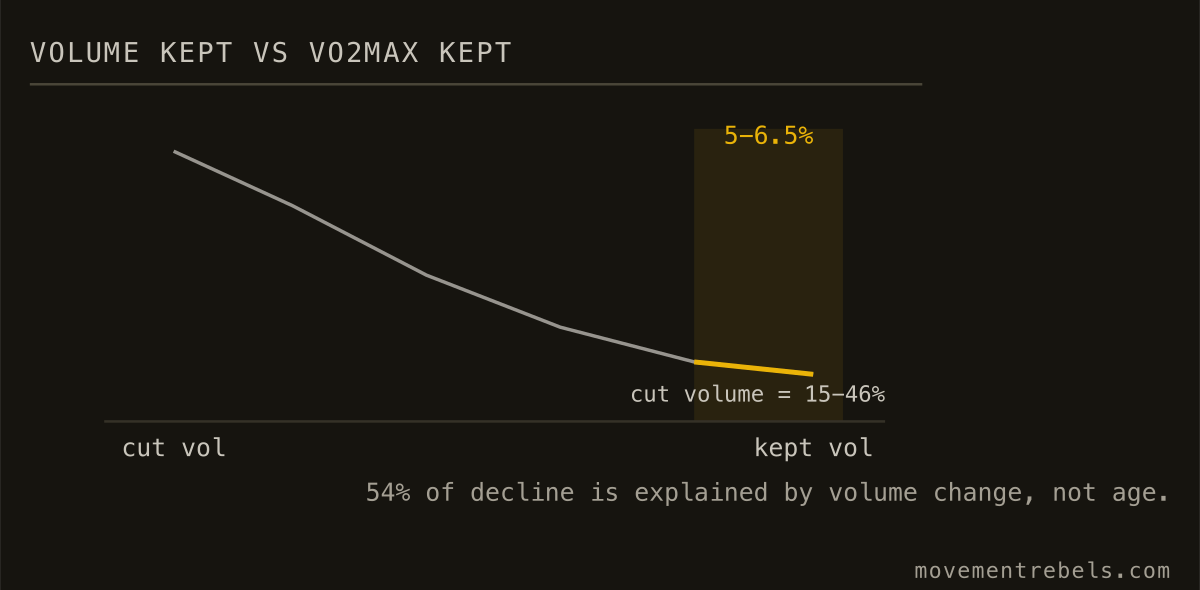 VOLUME KEPT VS VO2MAX KEPT. Most of the drop after 40 is lost volume, not your age.