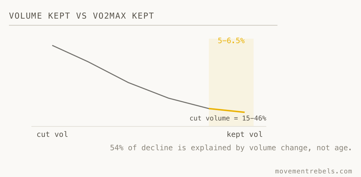VOLUME KEPT VS VO2MAX KEPT. Most of the drop after 40 is lost volume, not your age.
