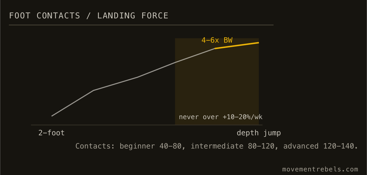FOOT CONTACTS / LANDING FORCE. A single landing loads the Achilles up to six times bodyweight. Dose it.