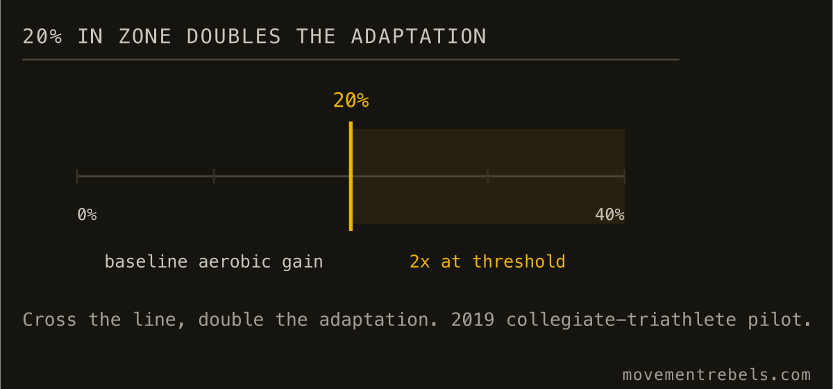 20% IN ZONE DOUBLES THE ADAPTATION. Hit your zone 20% of the time. Double the adaptation.