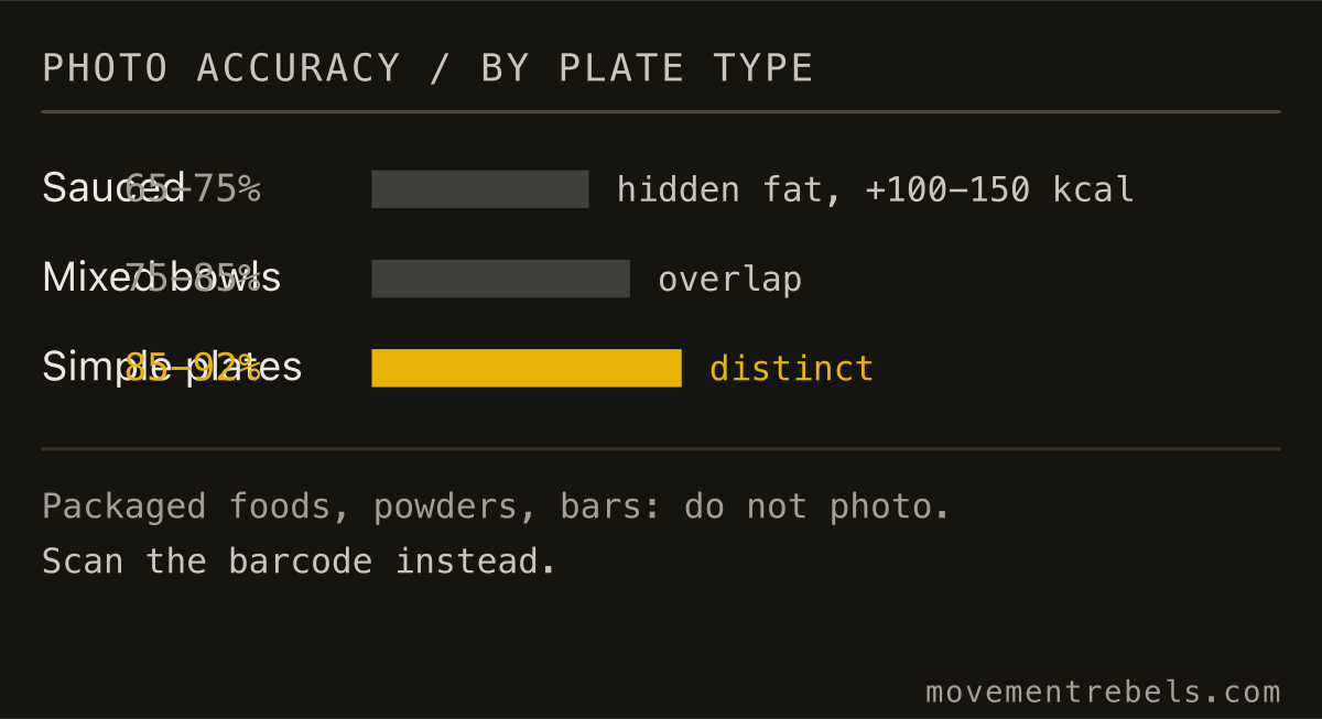 PHOTO ACCURACY / BY PLATE TYPE. Simple plates land 85-92%. Sauced dishes hide the fat.