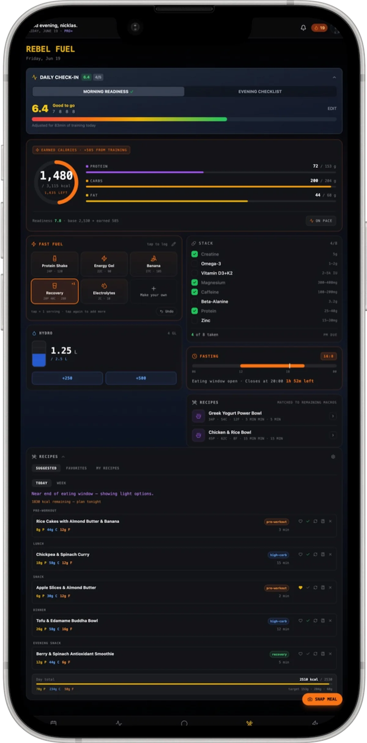Rebel Fuel mobile app, dark theme, on an iPhone