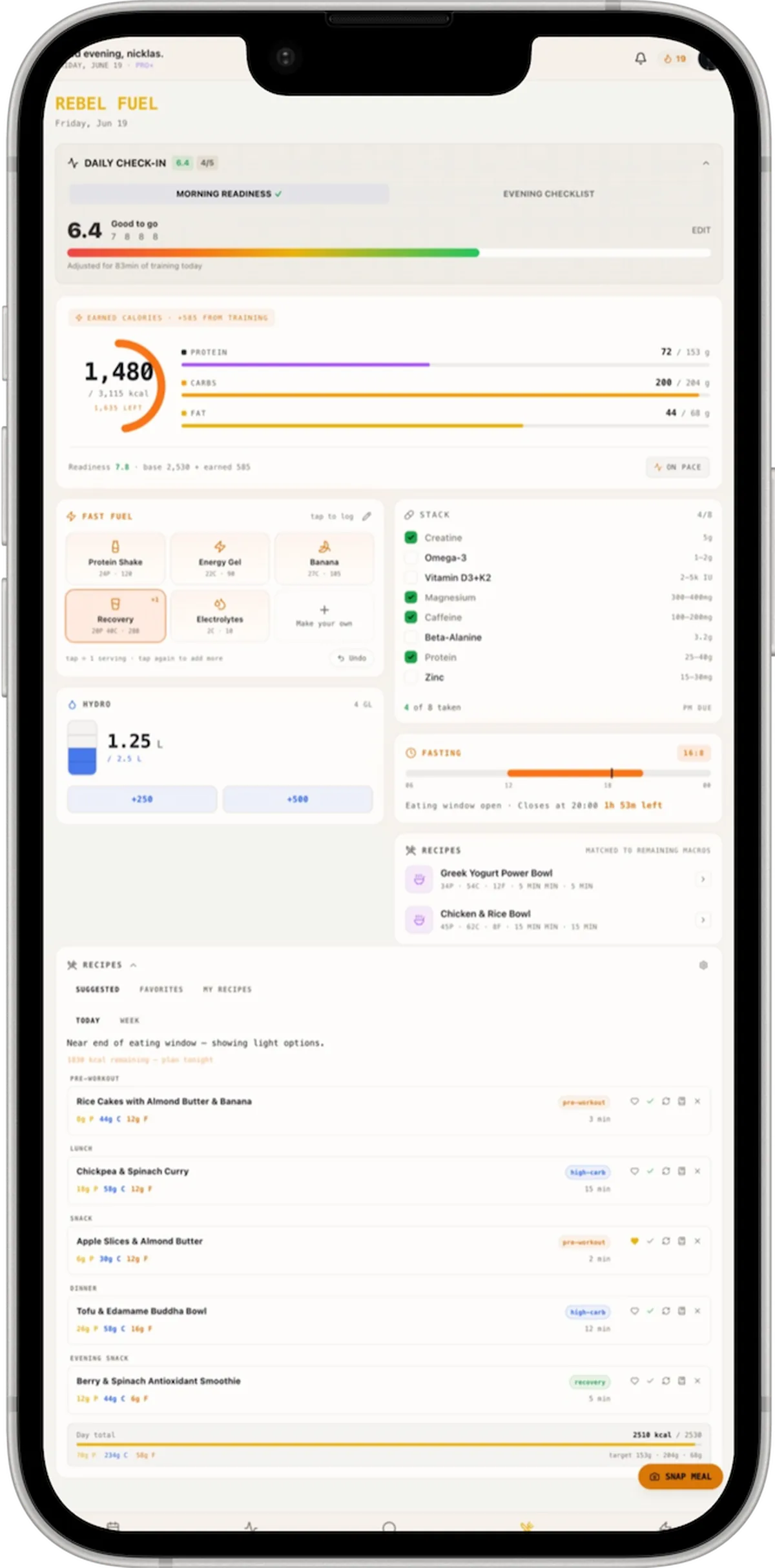 Rebel Fuel mobile app, light theme, on an iPhone
