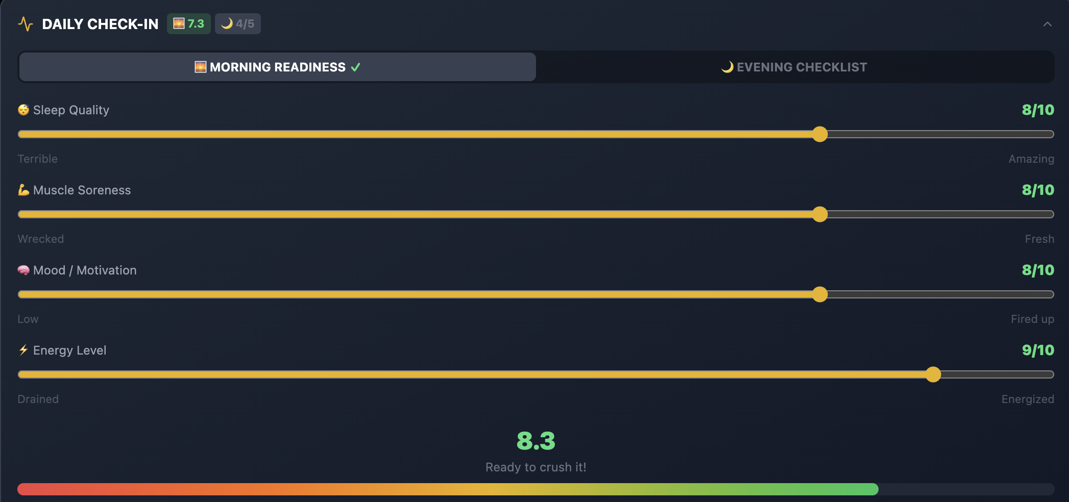 Daily Readiness Check-In with sleep, soreness, mood and energy sliders