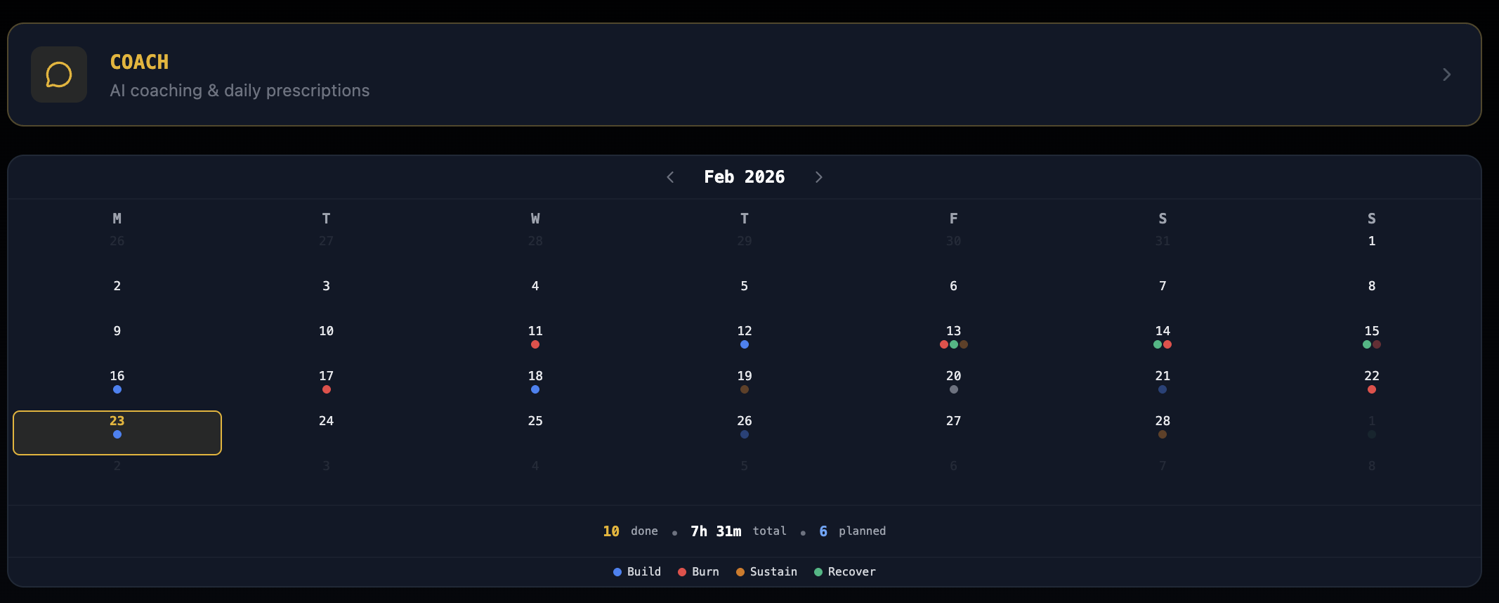 Weekly plan in calendar with Build, Burn, Sustain and Recover sessions