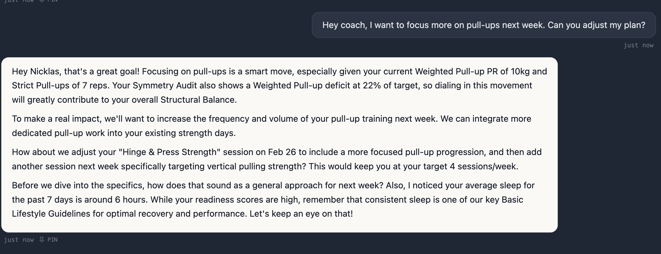 AI Coach conversation with personalized training advice